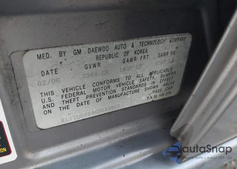 2006 Chevrolet Aveo Special Value from USA, damaged, VIN KL1TD56696B649567